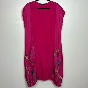 NT By Amati Linen Mixed Media Short Sleeve Midi Dress In Pink Size L